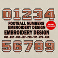 Numéros de football brodés à télécharger : Police Varsity 0-9. Téléchargement instantané. 8 formats de fichiers, 4 tailles. Motifs pour vêtements et équipements d'équipe.
