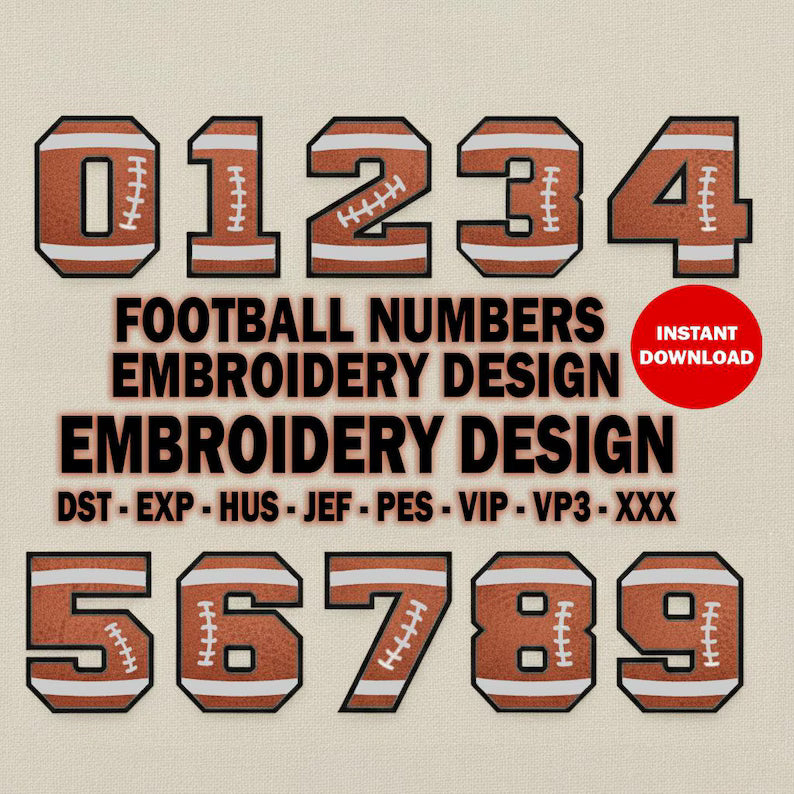 Numéros de football brodés à télécharger : Police Varsity 0-9. Téléchargement instantané. 8 formats de fichiers, 4 tailles. Motifs pour vêtements et équipements d'équipe.