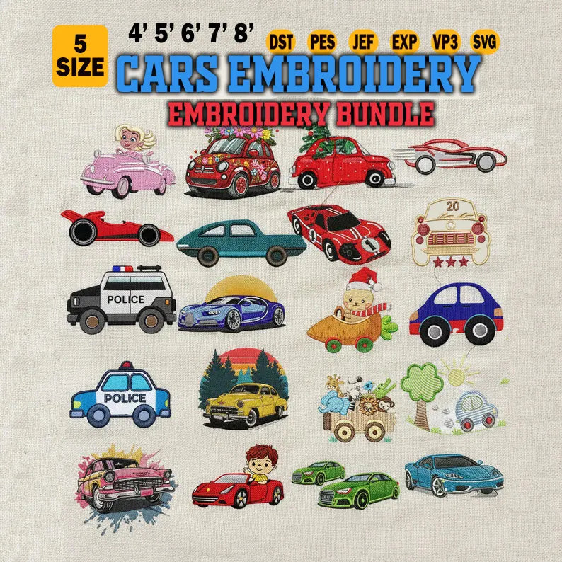 Écussons brodés de voitures, 20 fichiers de broderie machine de véhicules pour projets enfants : camions, hélicoptères et plus encore (formats dst, pes, jef, exp, vp3).