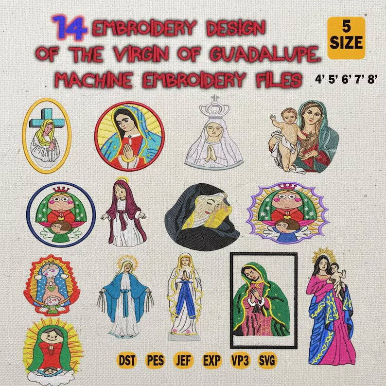 14 motifs de broderie de la Vierge de Guadalupe, fichier de broderie machine, logo religieux dst, pes, jef, exp, vp3