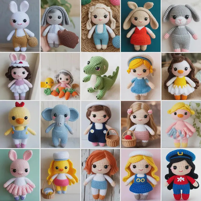 Lot de motifs au crochet Amigurumi 20 en 1 | Modèles PDF d'animaux et de poupées | Jolie collection de jouets faits main | Idées cadeaux adaptées aux débutants